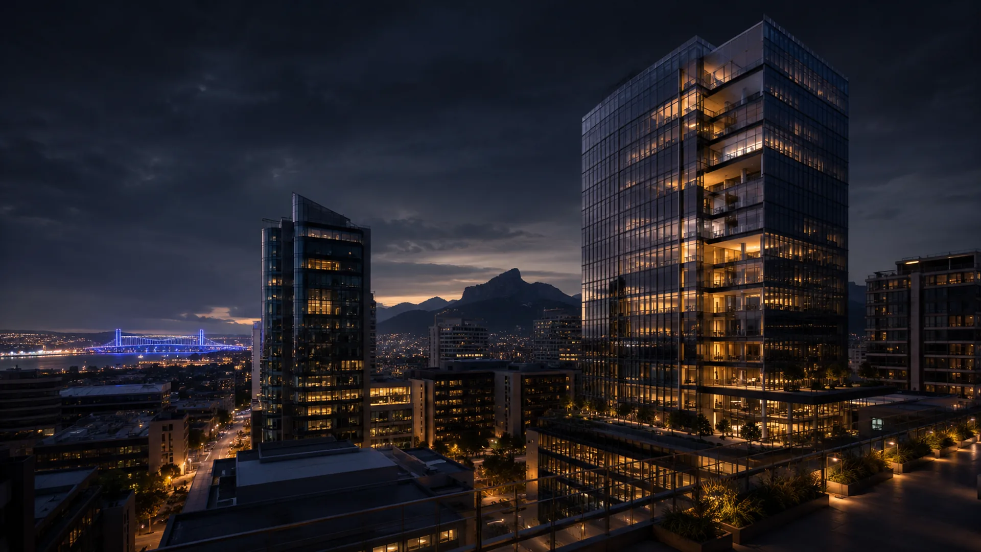 South African business district at dusk with lit glass towers, representing Insika Consulting's compliance and licensing advisory