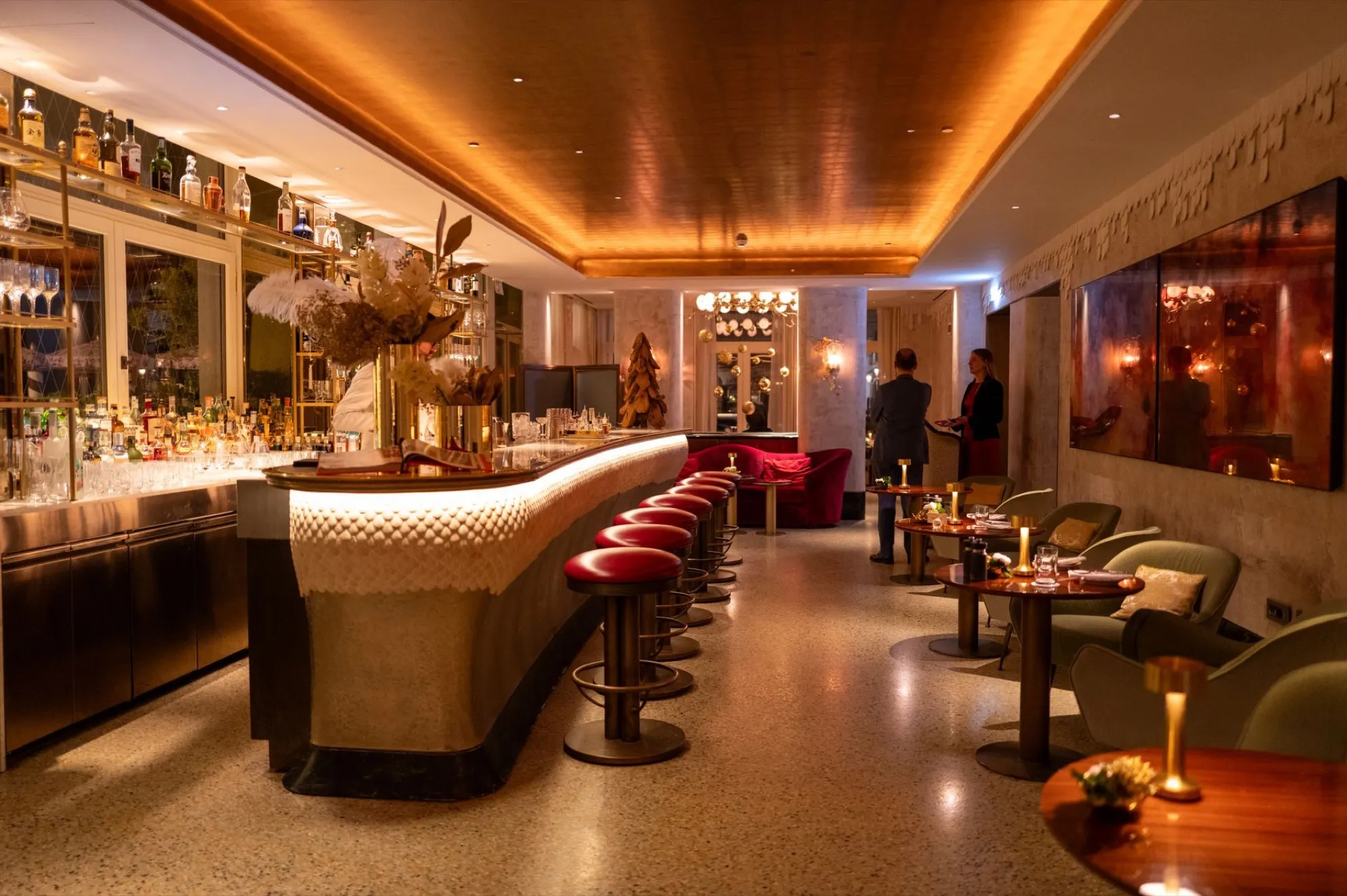Upscale bar interior with warm lighting